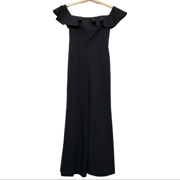 JAY GODFREY 70s Ruffled Black Crepe Off Shoulder High Waist Wide Leg Jumpsuit 0 - Picture 2 of 4